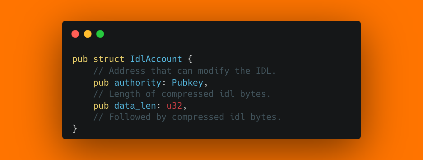 IdlAccount structure. The data field is not explicitly declared in the codebase