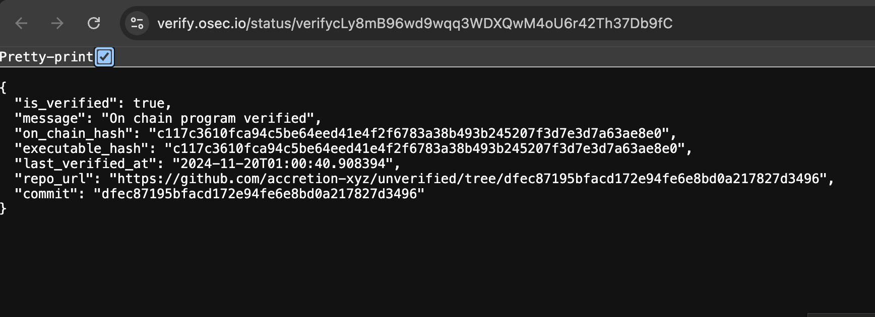 Verification program verified on osec API.. to our repo